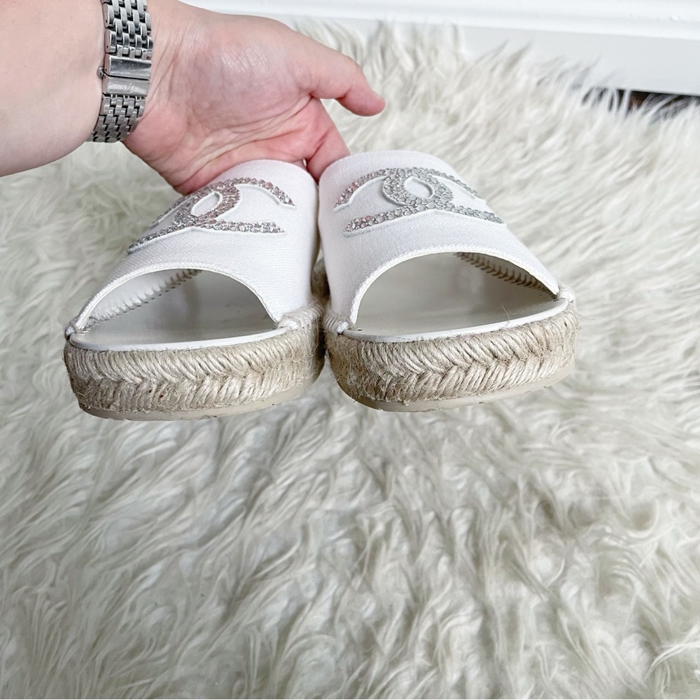 Chanel 24S Interlocking CC Logo Espadrille Slingback White Canvas Rhinestone 38 - Picture 8 of 13